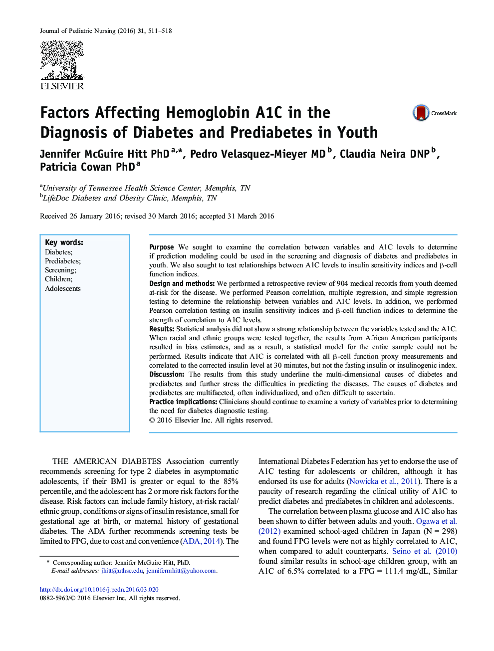 Factors Affecting Hemoglobin A1C in the Diagnosis of Diabetes and Prediabetes in Youth