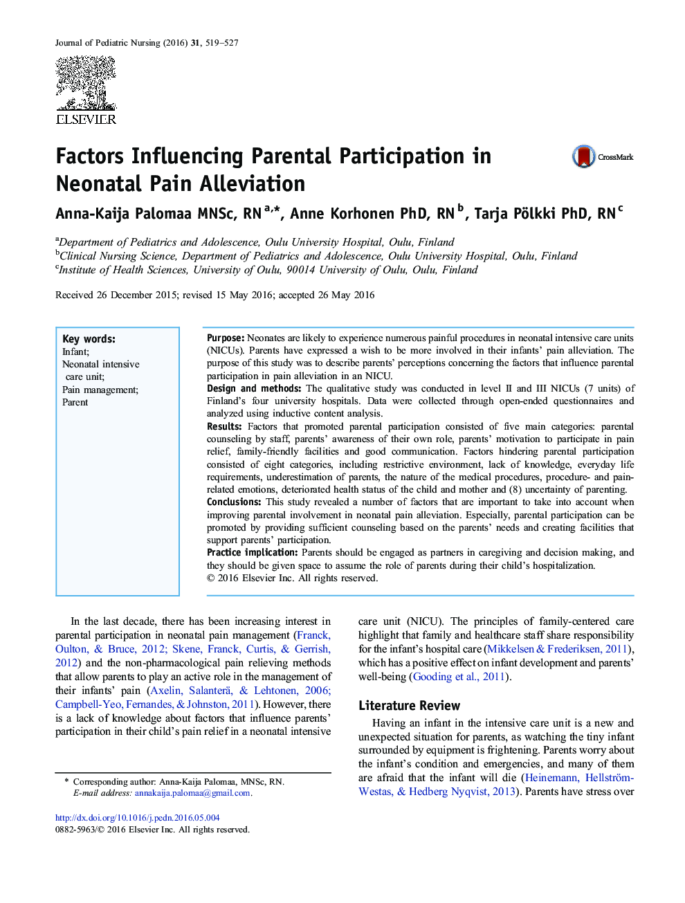 Factors Influencing Parental Participation in Neonatal Pain Alleviation