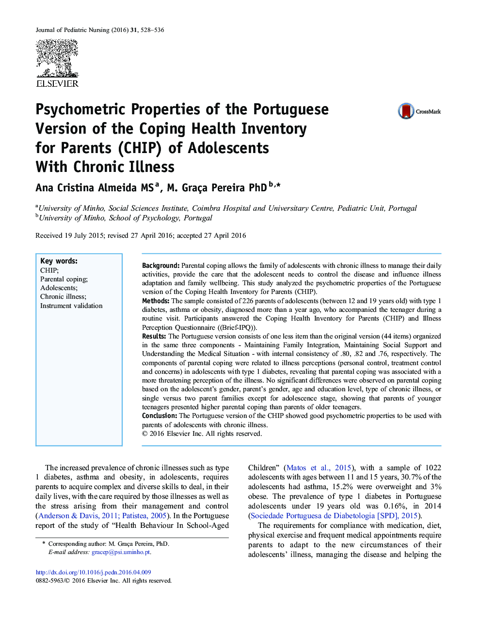 Psychometric Properties of the Portuguese Version of the Coping Health Inventory for Parents (CHIP) of Adolescents With Chronic Illness