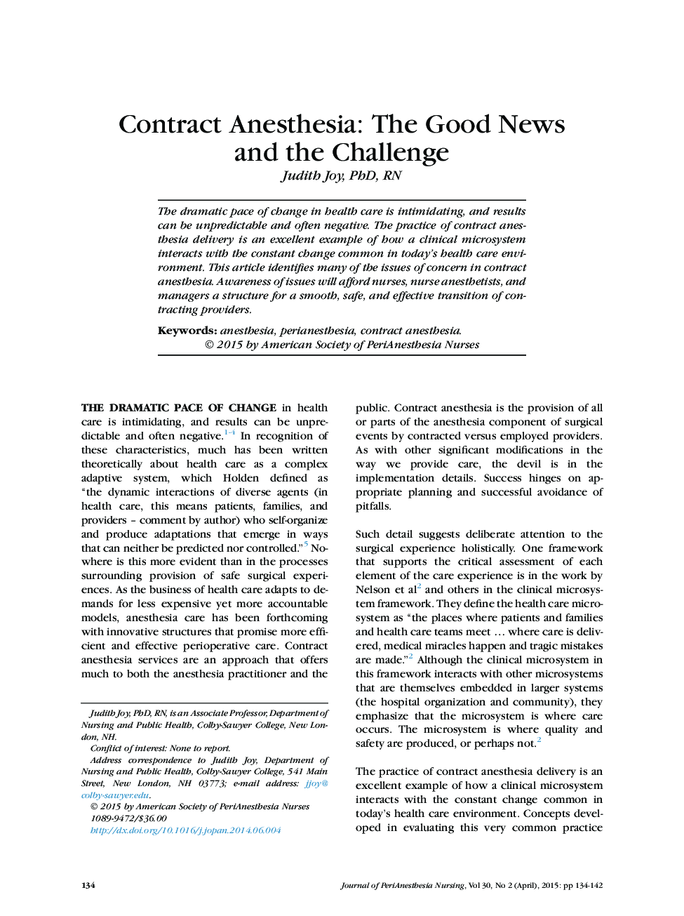 Contract Anesthesia: The Good News and the Challenge 