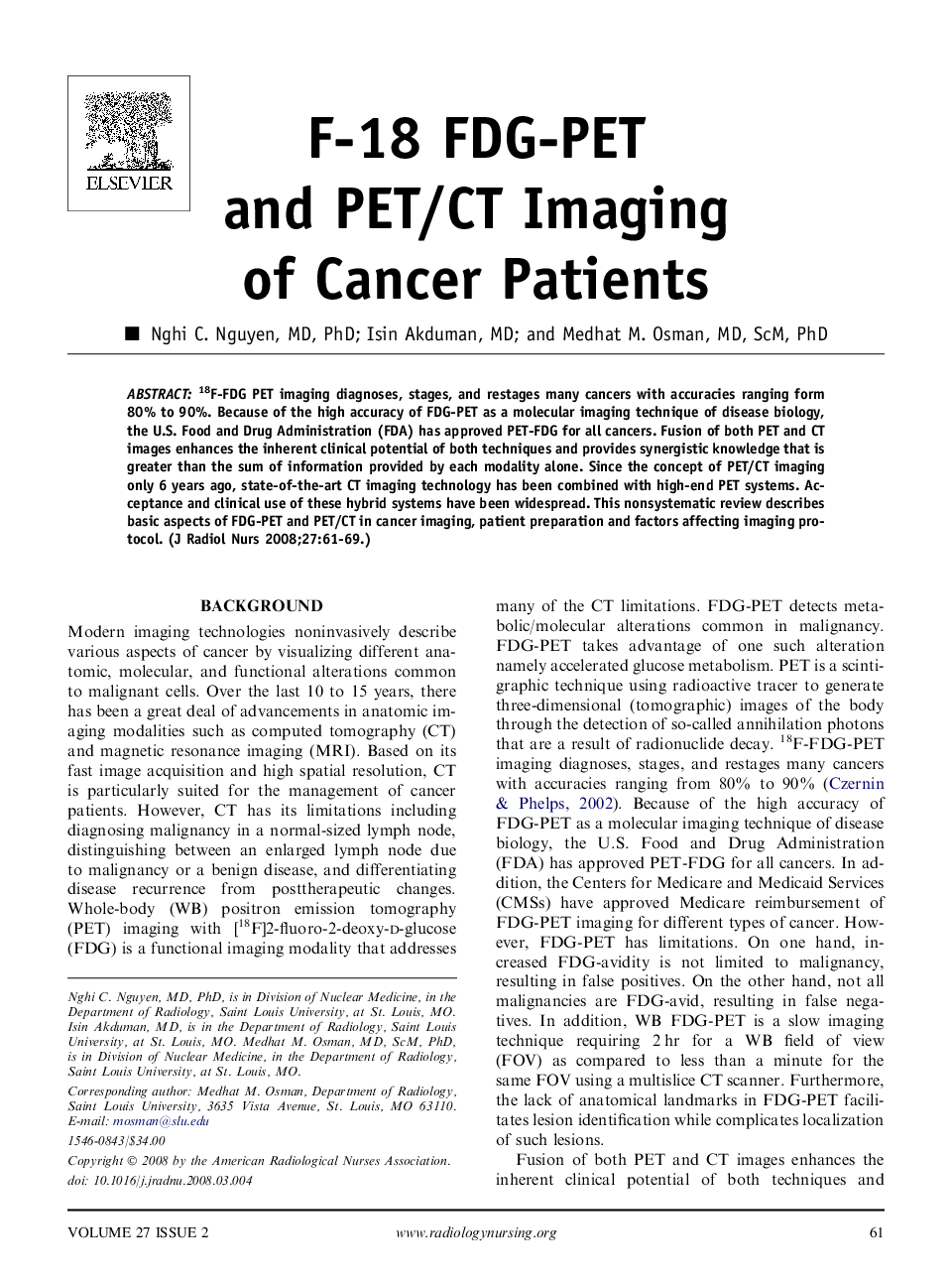 F-18 FDG-PET and PET/CT Imaging of Cancer Patients