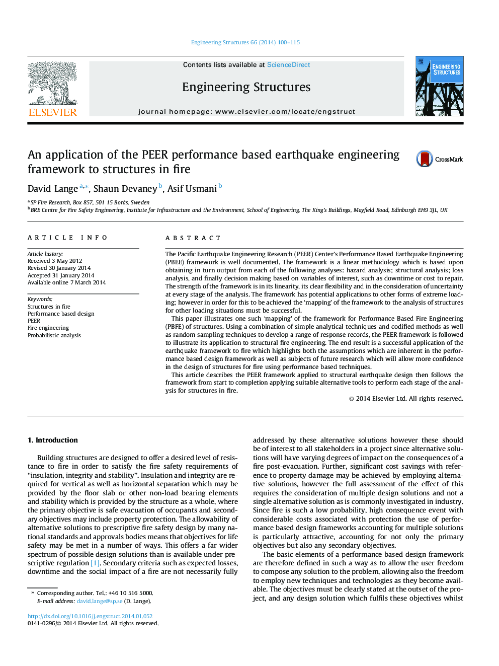 An application of the PEER performance based earthquake engineering framework to structures in fire