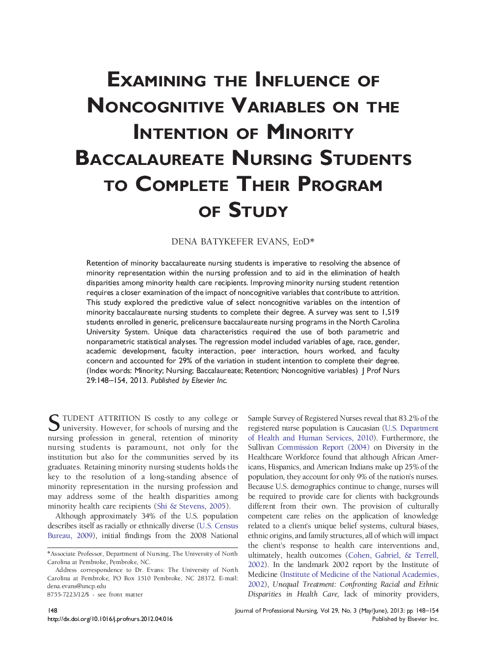 Examining the Influence of Noncognitive Variables on the Intention of Minority Baccalaureate Nursing Students to Complete Their Program of Study