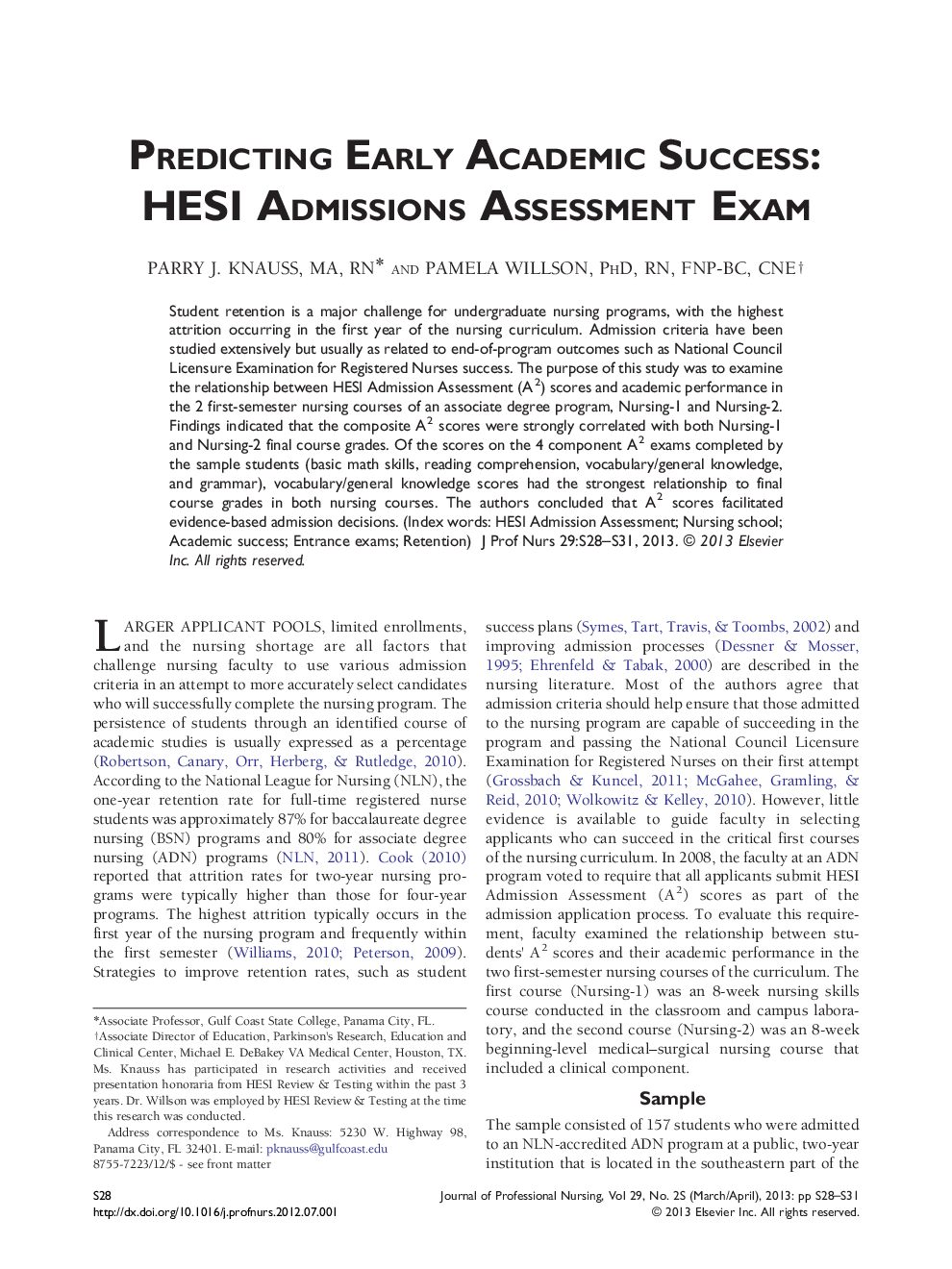 Predicting Early Academic Success: HESI Admissions Assessment Exam 