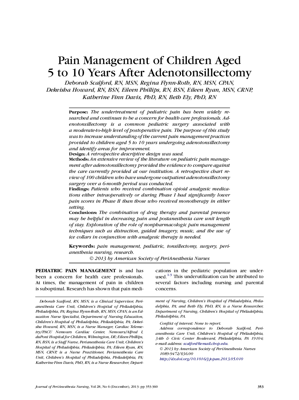 Pain Management of Children Aged 5 to 10 Years After Adenotonsillectomy 