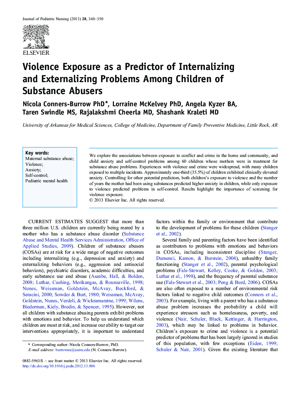 Violence Exposure as a Predictor of Internalizing and Externalizing Problems Among Children of Substance Abusers