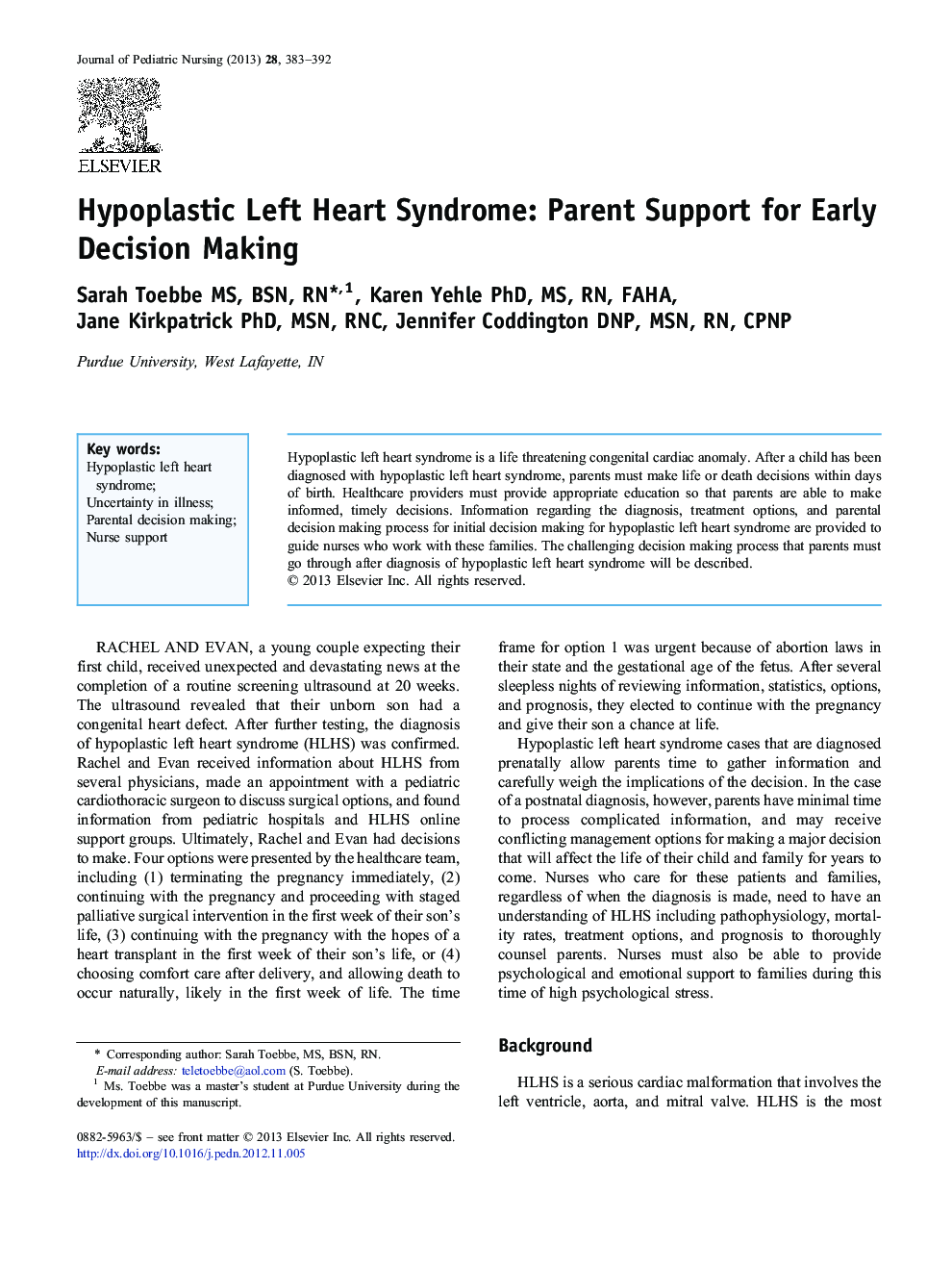 Hypoplastic Left Heart Syndrome: Parent Support for Early Decision Making