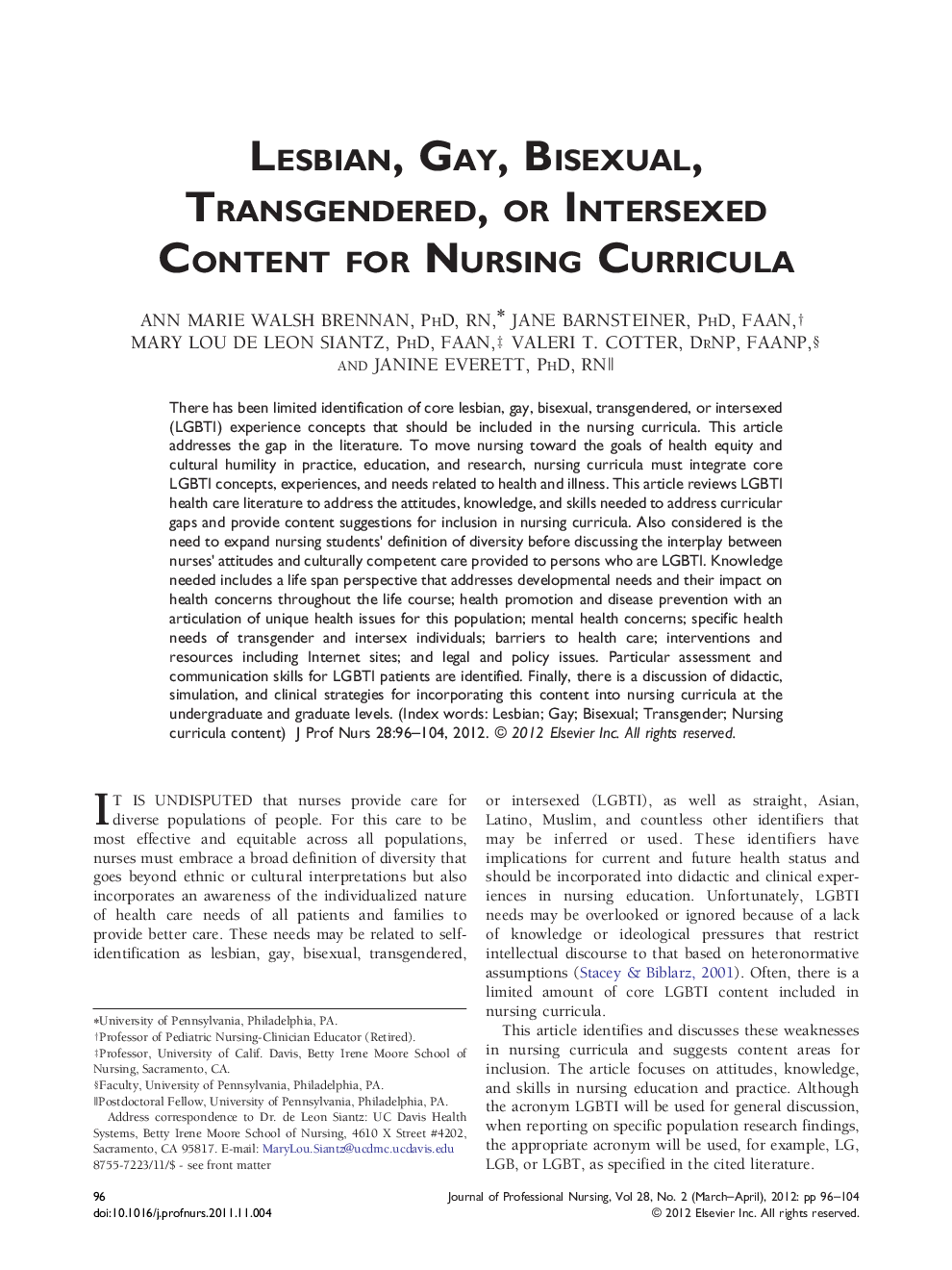 Lesbian, Gay, Bisexual, Transgendered, or Intersexed Content for Nursing Curricula