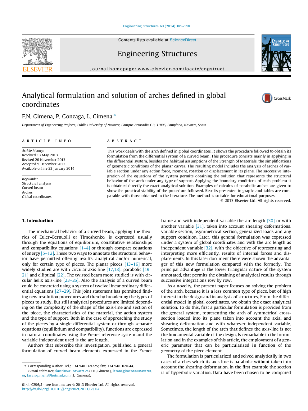 Analytical formulation and solution of arches defined in global coordinates