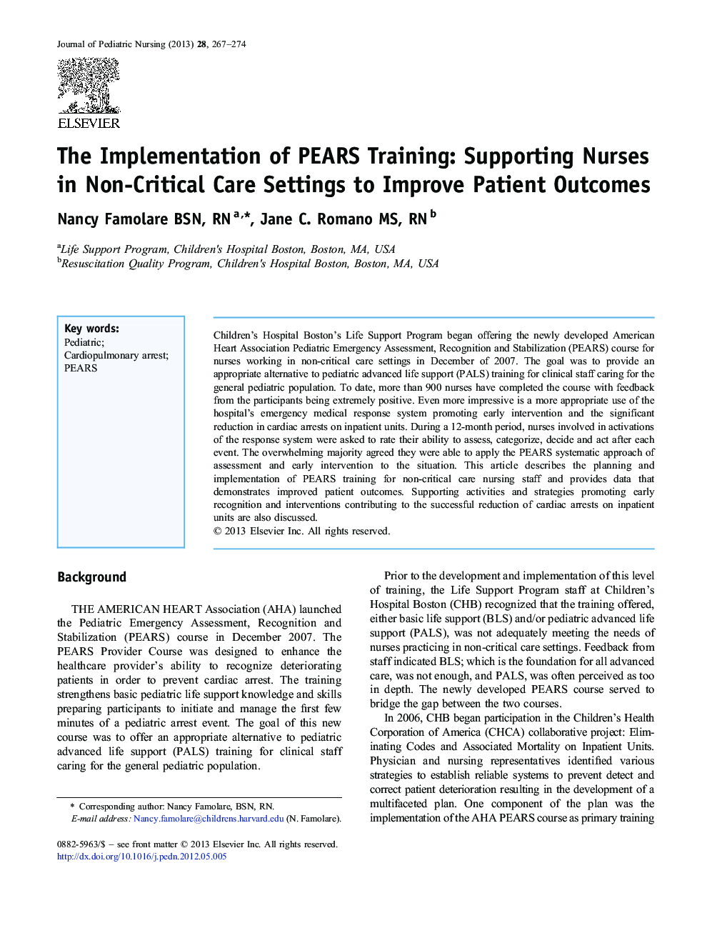 The Implementation of PEARS Training: Supporting Nurses in Non-Critical Care Settings to Improve Patient Outcomes
