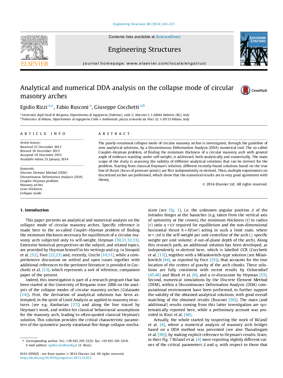 Analytical and numerical DDA analysis on the collapse mode of circular masonry arches