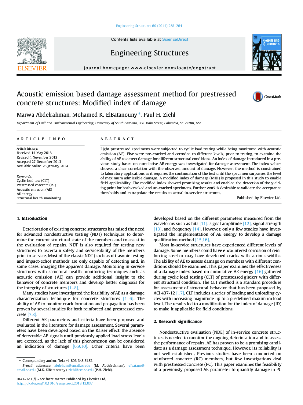 Acoustic emission based damage assessment method for prestressed concrete structures: Modified index of damage