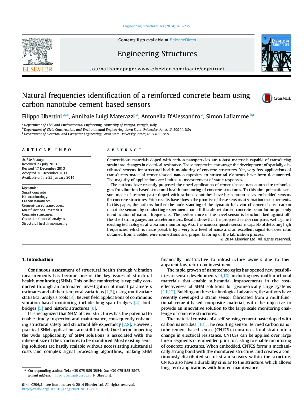 Natural frequencies identification of a reinforced concrete beam using carbon nanotube cement-based sensors