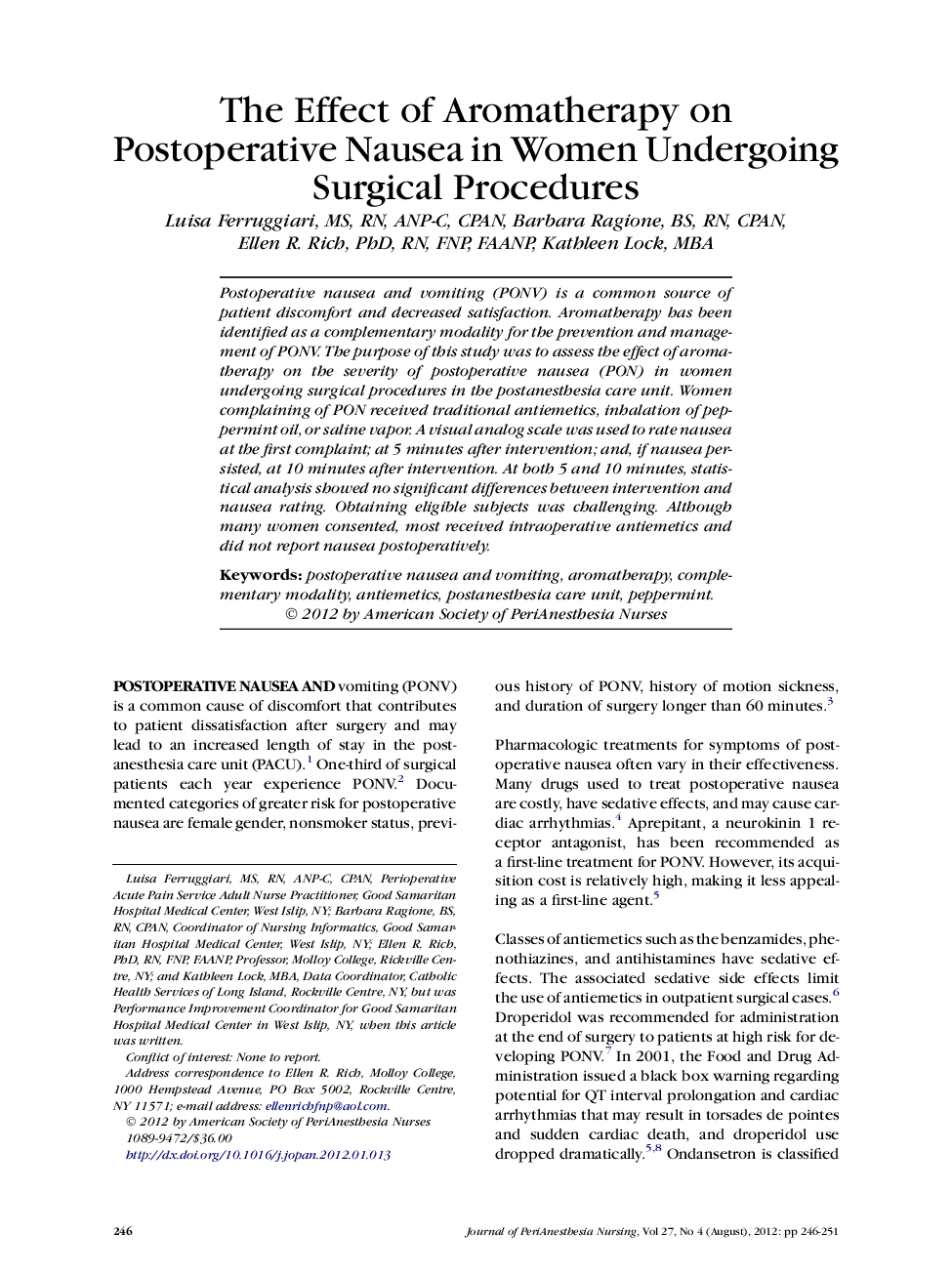 The Effect of Aromatherapy on Postoperative Nausea in Women Undergoing Surgical Procedures 