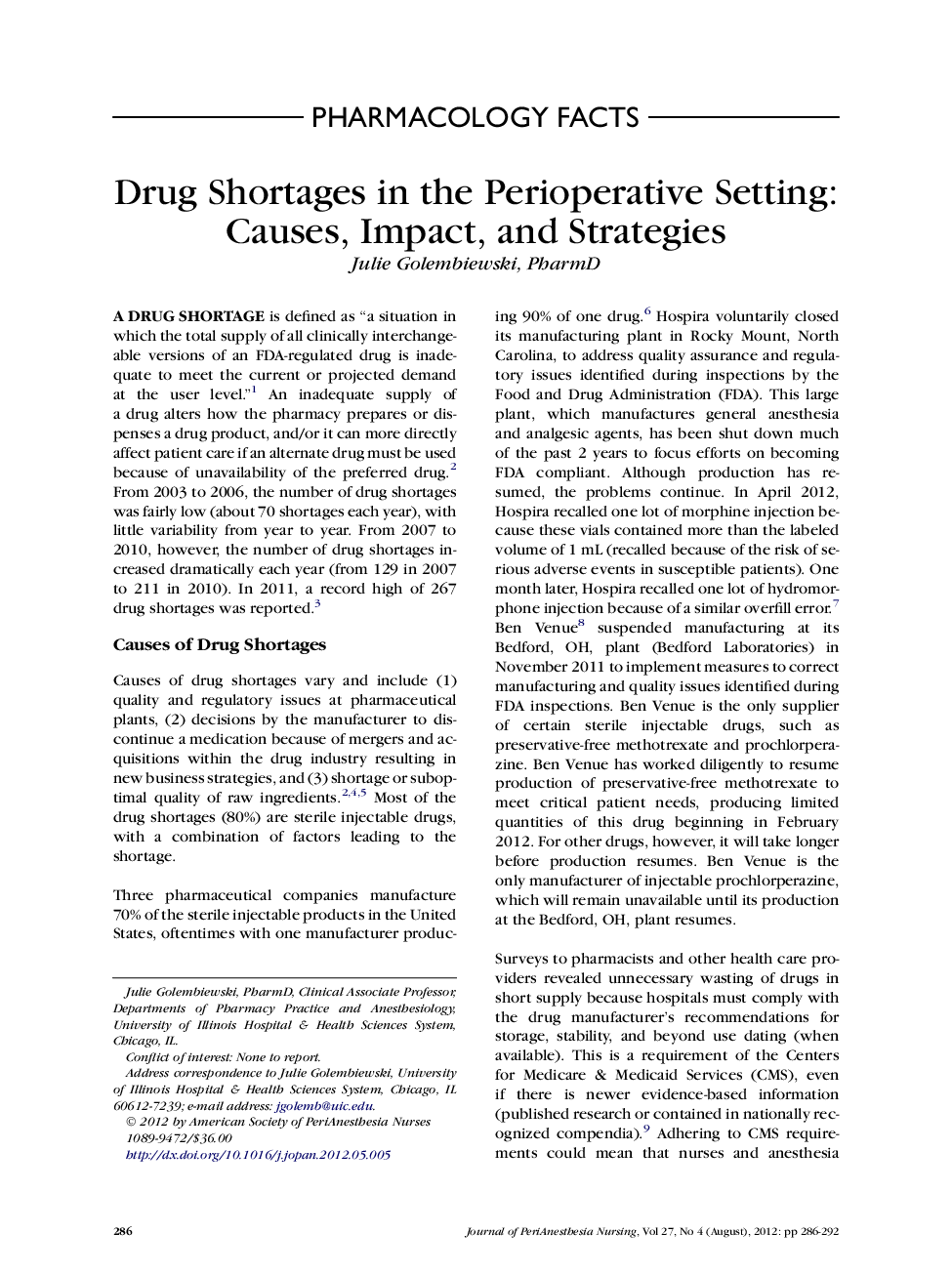 Drug Shortages in the Perioperative Setting: Causes, Impact, and Strategies