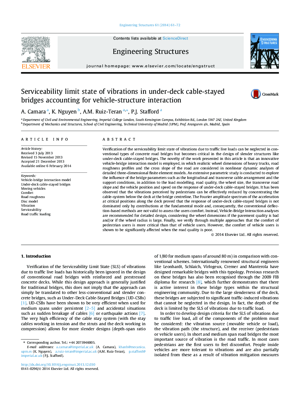 Serviceability limit state of vibrations in under-deck cable-stayed bridges accounting for vehicle-structure interaction