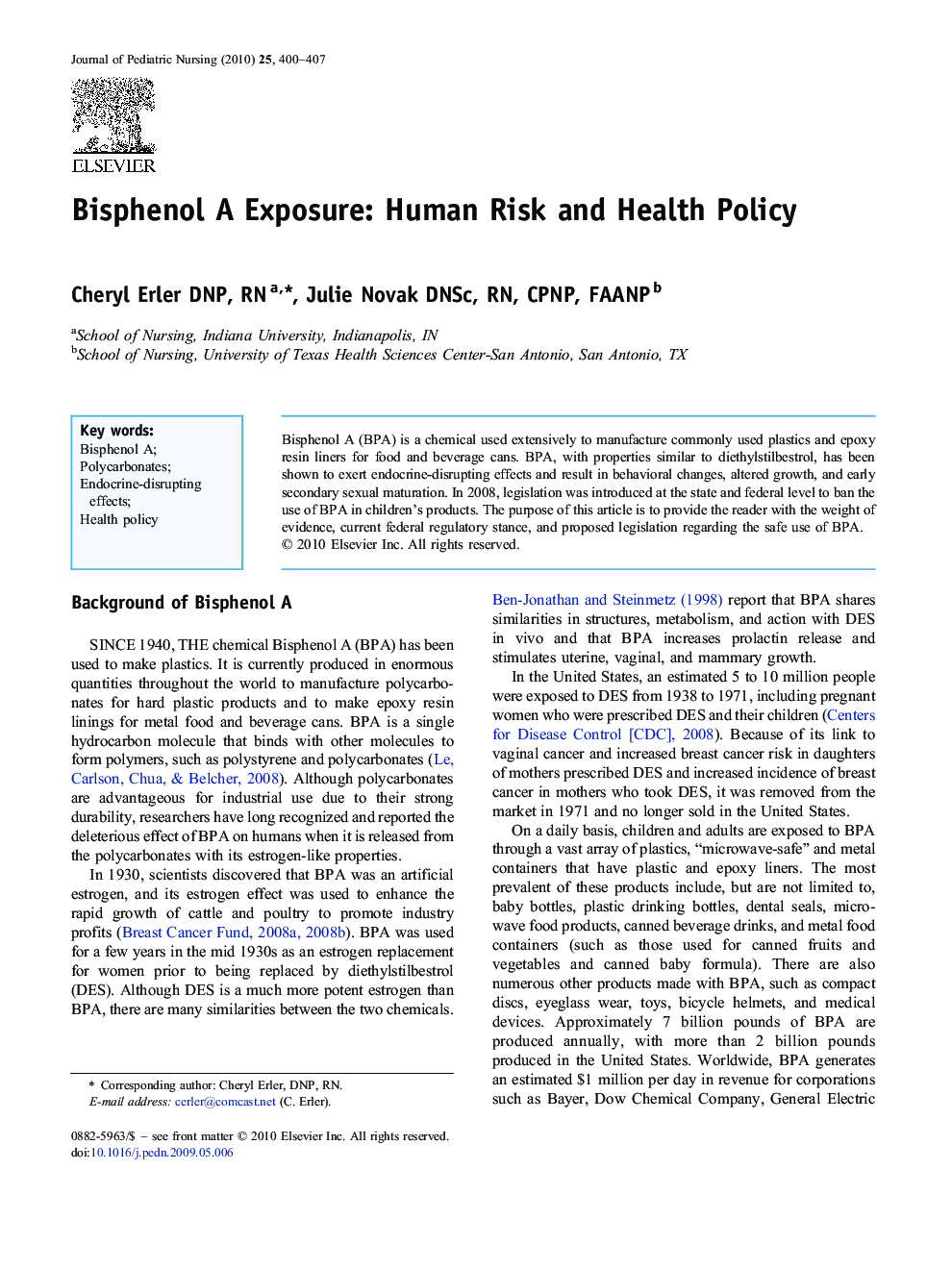 Bisphenol A Exposure: Human Risk and Health Policy