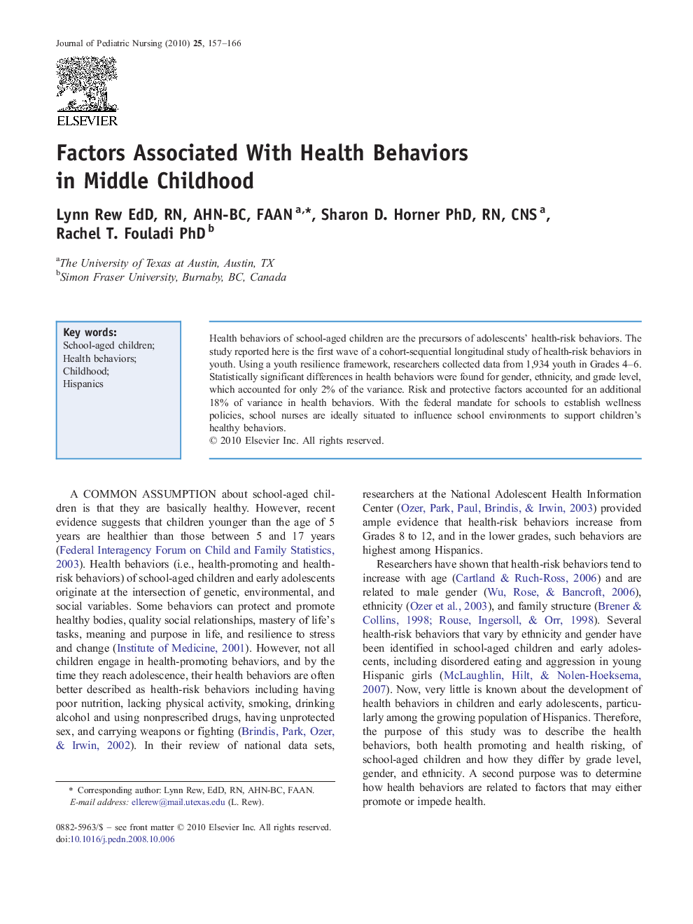 Factors Associated With Health Behaviors in Middle Childhood