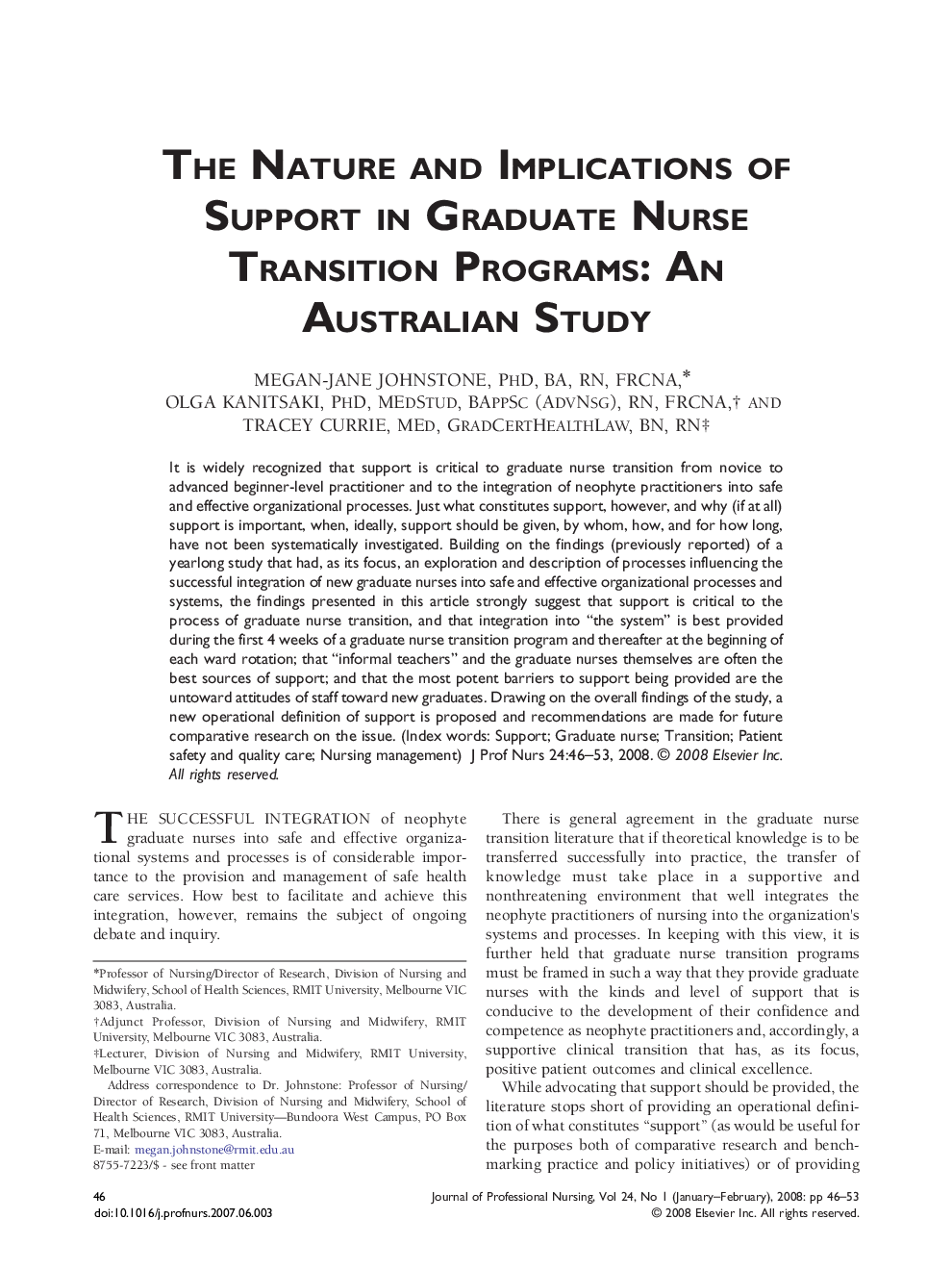 The Nature and Implications of Support in Graduate Nurse Transition Programs: An Australian Study