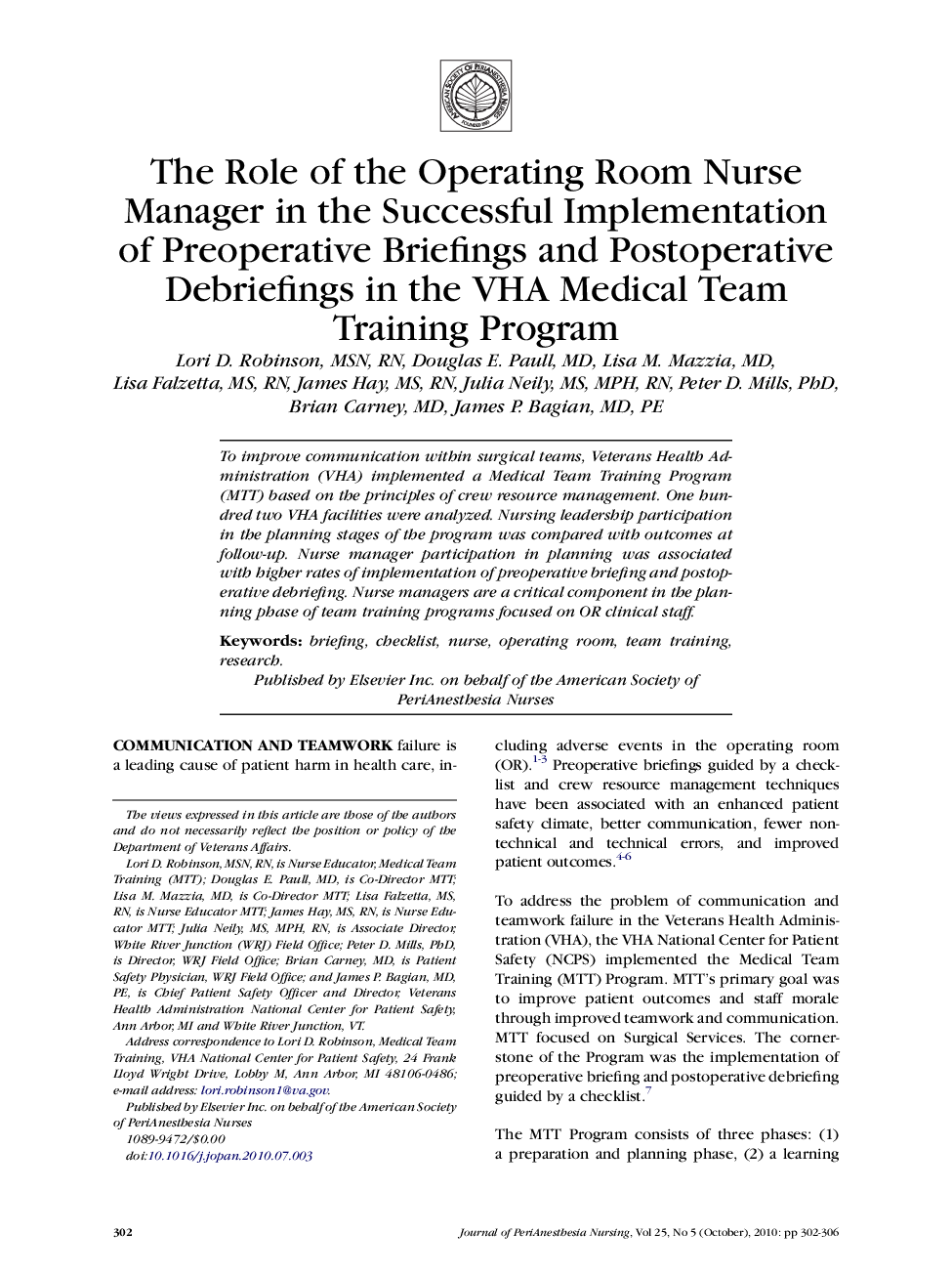 The Role of the Operating Room Nurse Manager in the Successful Implementation of Preoperative Briefings and Postoperative Debriefings in the VHA Medical Team Training Program 