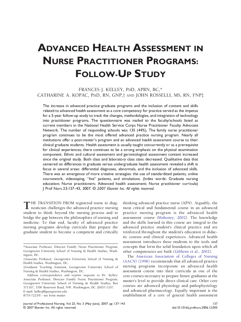Advanced Health Assessment in Nurse Practitioner Programs: Follow-Up Study