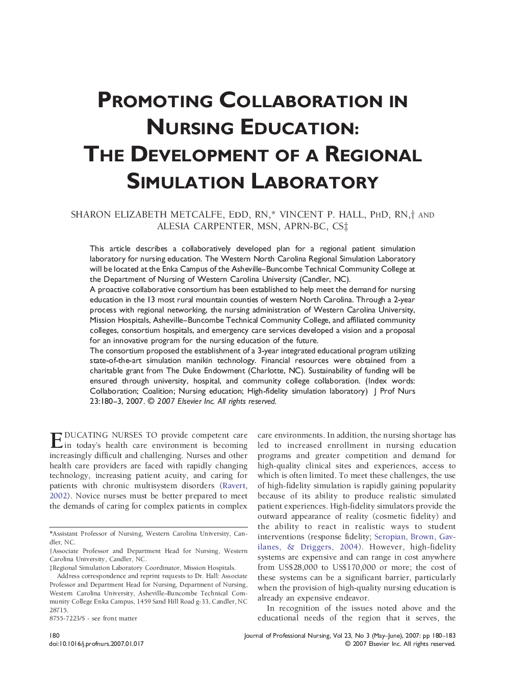 Promoting Collaboration in Nursing Education: The Development of a Regional Simulation Laboratory