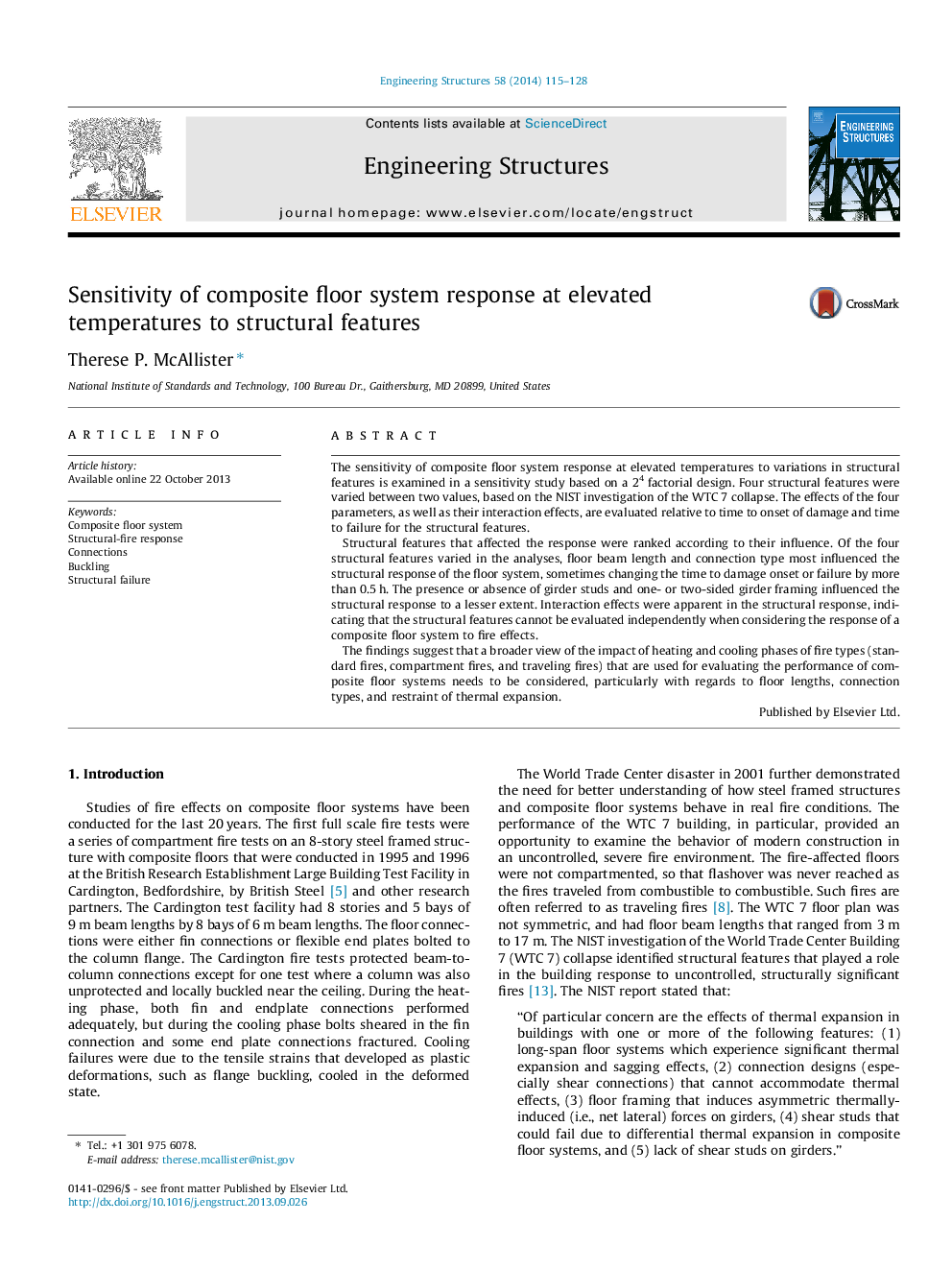 Sensitivity of composite floor system response at elevated temperatures to structural features