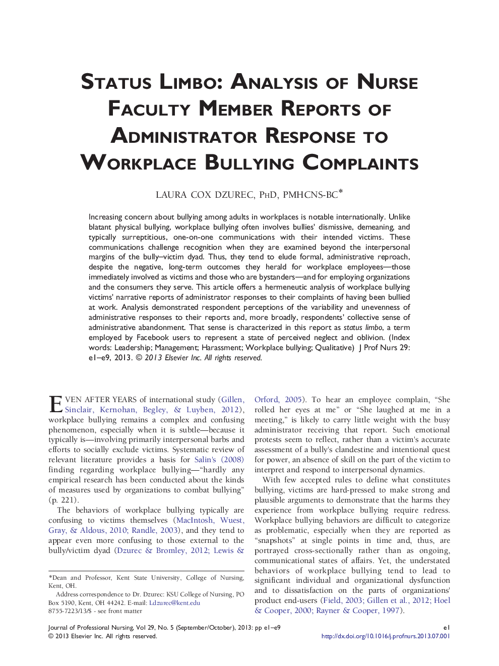 Status Limbo: Analysis of Nurse Faculty Member Reports of Administrator Response to Workplace Bullying Complaints