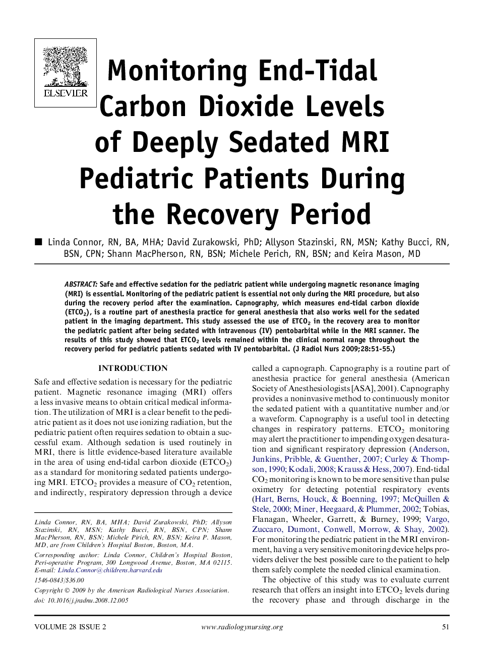 Monitoring End-Tidal Carbon Dioxide Levels of Deeply Sedated MRI Pediatric Patients During the Recovery Period