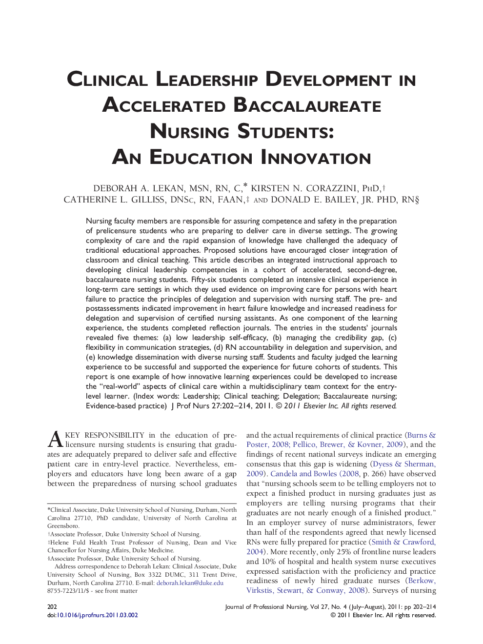 Clinical Leadership Development in Accelerated Baccalaureate Nursing Students: An Education Innovation