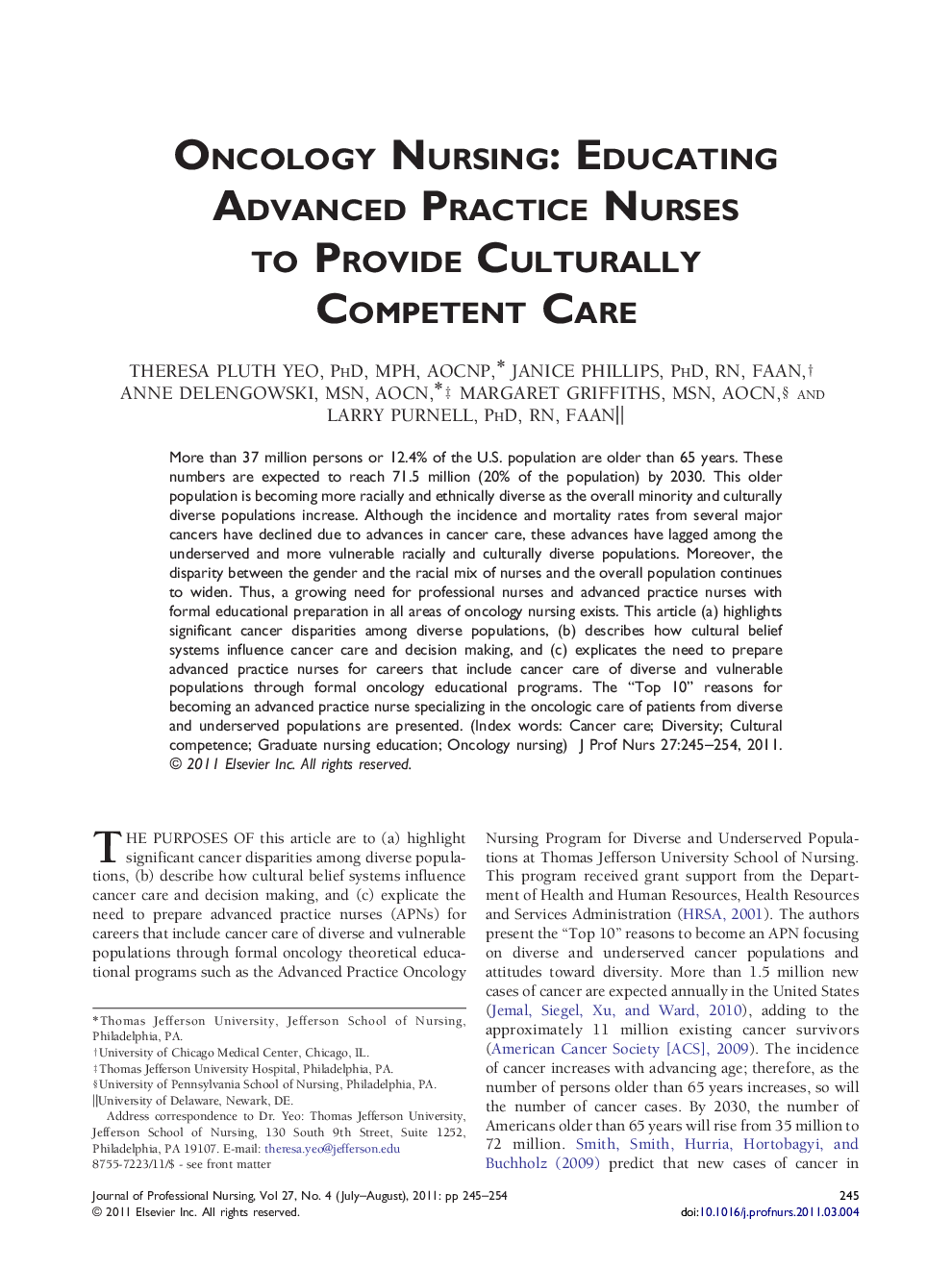 Oncology Nursing: Educating Advanced Practice Nurses to Provide Culturally Competent Care