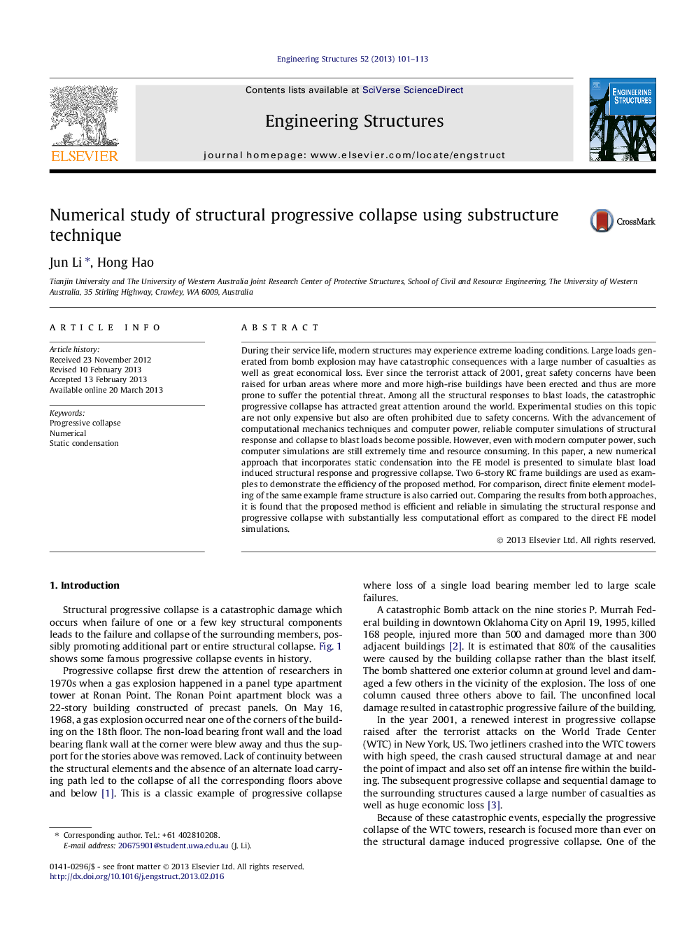 Numerical study of structural progressive collapse using substructure technique