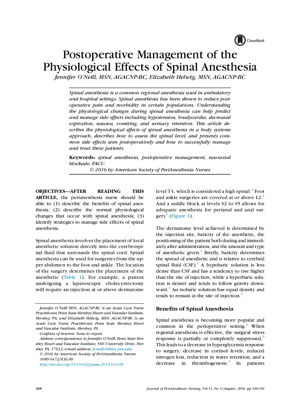 Postoperative Management of the Physiological Effects of Spinal Anesthesia 