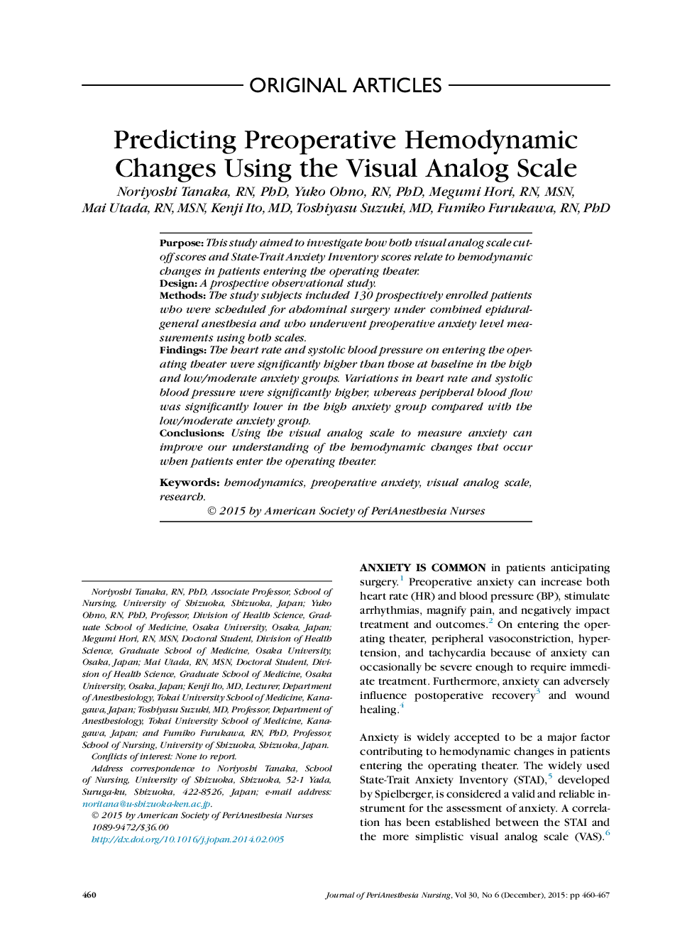 Predicting Preoperative Hemodynamic Changes Using the Visual Analog Scale 