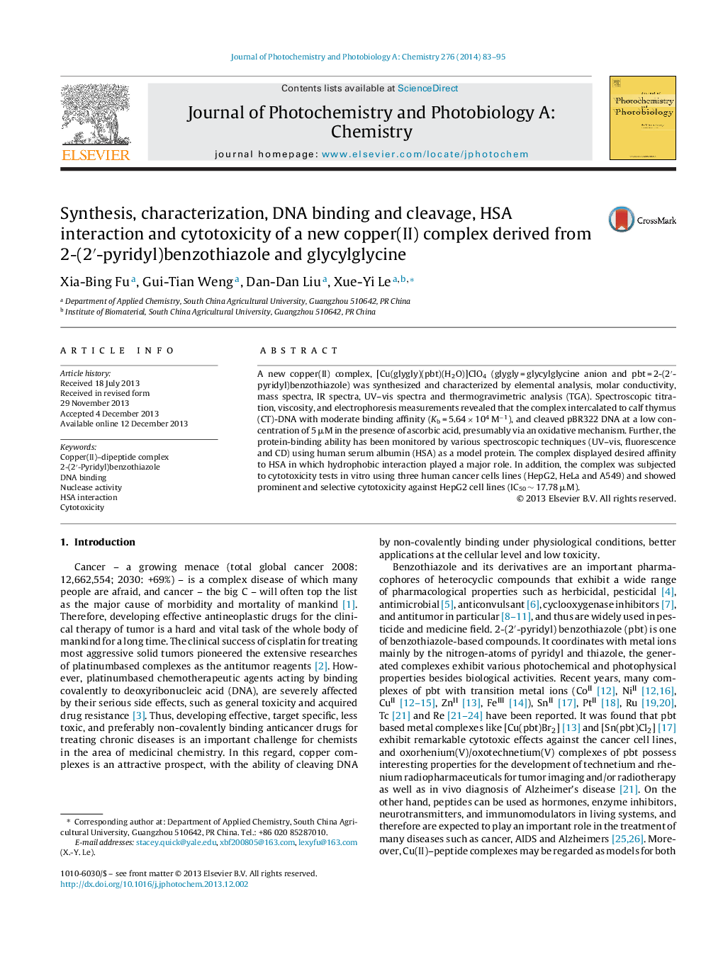 Synthesis, characterization, DNA binding and cleavage, HSA interaction and cytotoxicity of a new copper(II) complex derived from 2-(2′-pyridyl)benzothiazole and glycylglycine