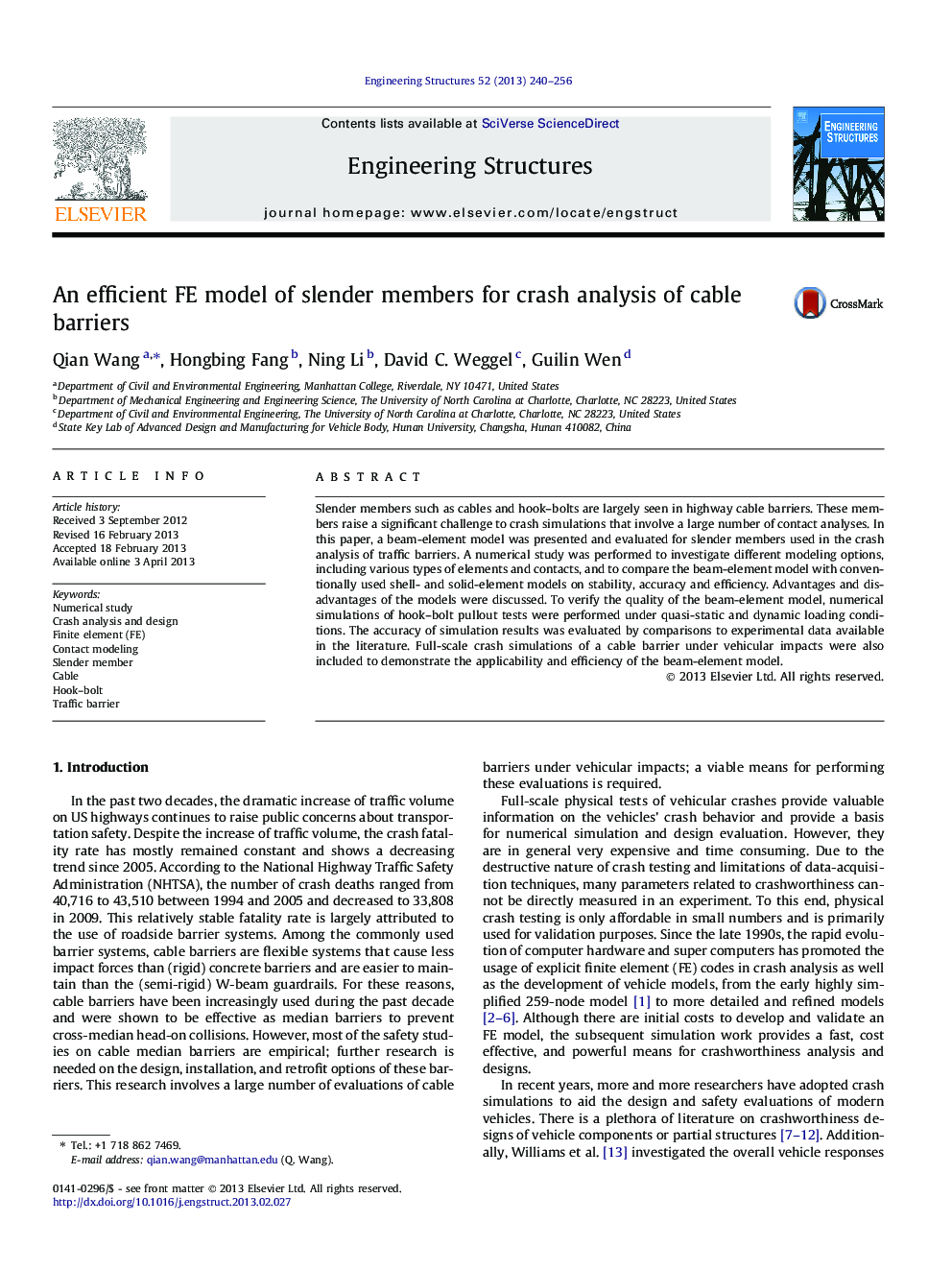 An efficient FE model of slender members for crash analysis of cable barriers