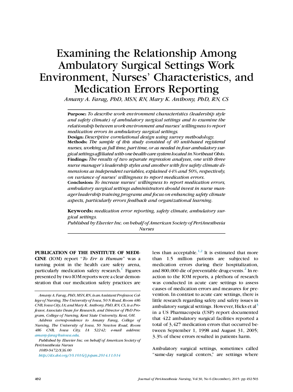 Examining the Relationship Among Ambulatory Surgical Settings Work Environment, Nurses’ Characteristics, and Medication Errors Reporting