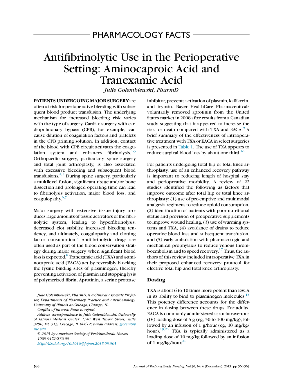 Antifibrinolytic Use in the Perioperative Setting: Aminocaproic Acid and Tranexamic Acid