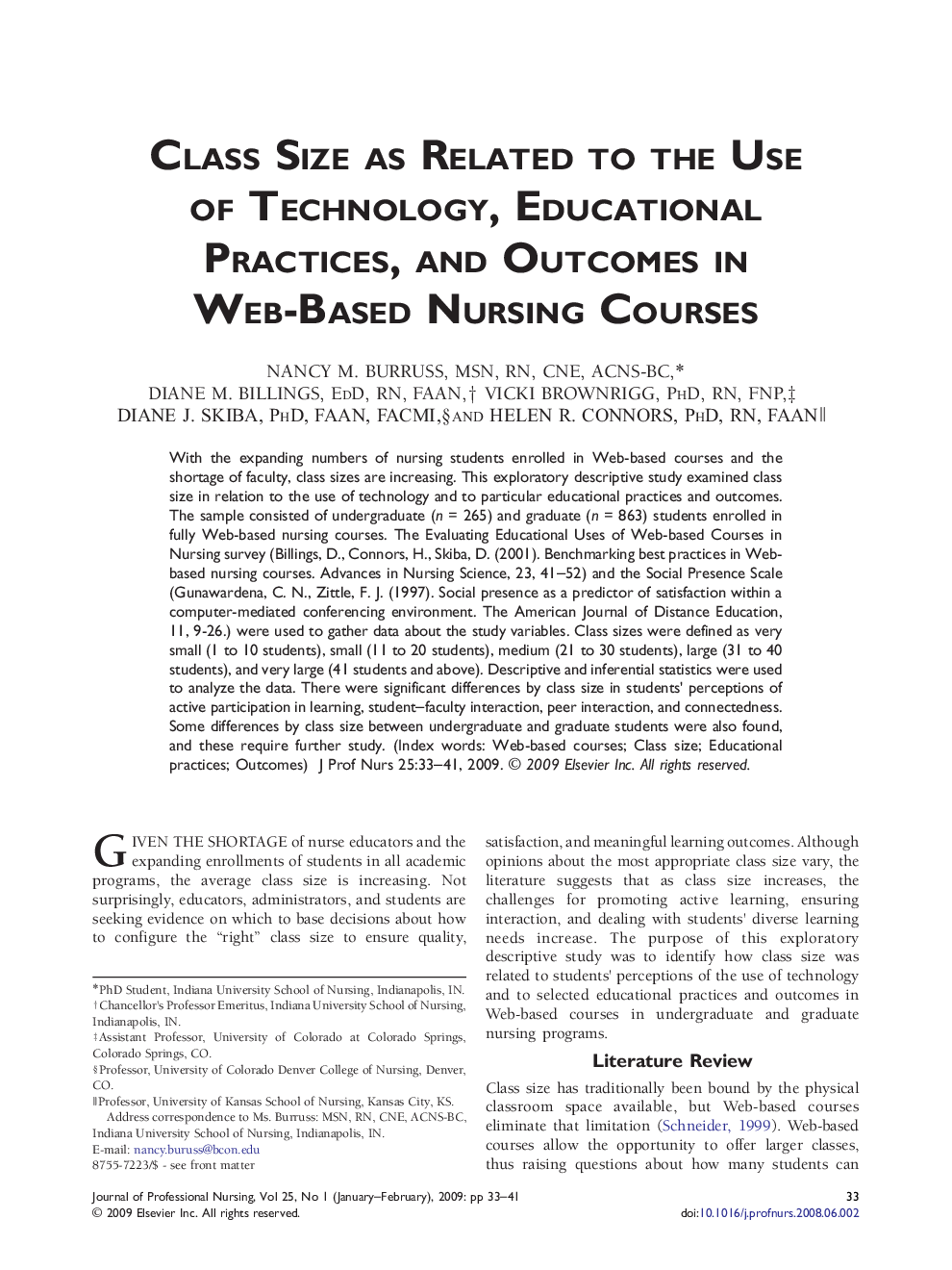 Class Size as Related to the Use of Technology, Educational Practices, and Outcomes in Web-Based Nursing Courses