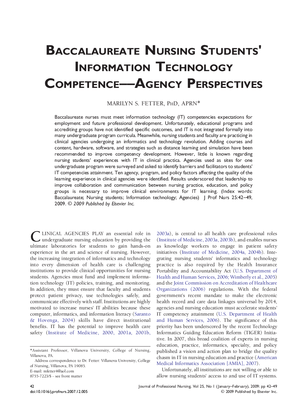 Baccalaureate Nursing Students' Information Technology Competence––Agency Perspectives