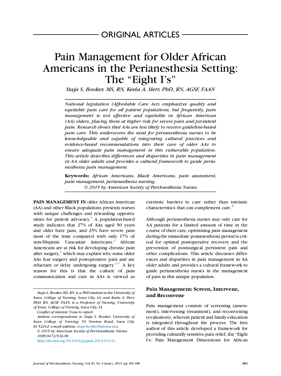 Pain Management for Older African Americans in the Perianesthesia Setting: The “Eight I's”