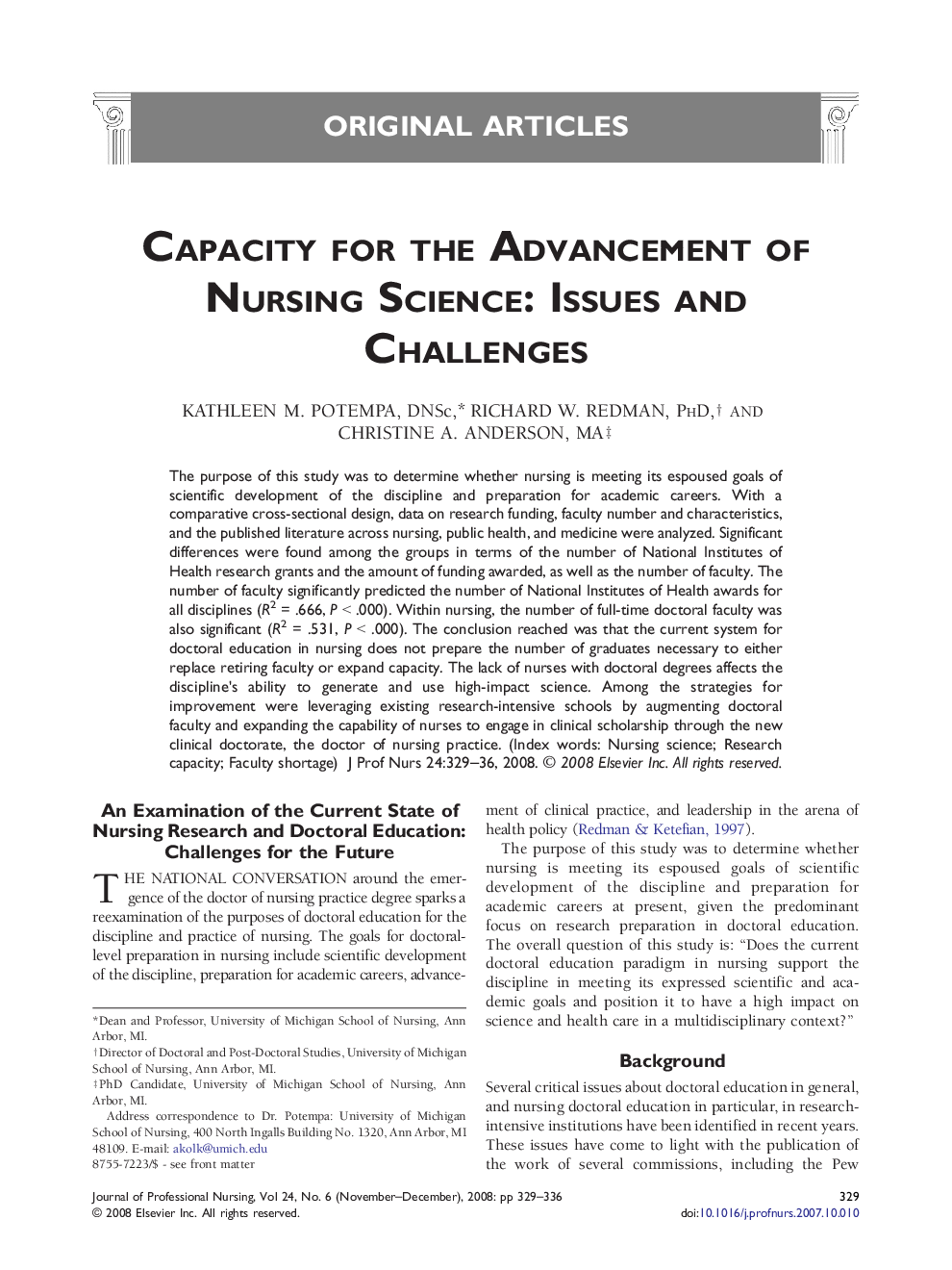 Capacity for the Advancement of Nursing Science: Issues and Challenges