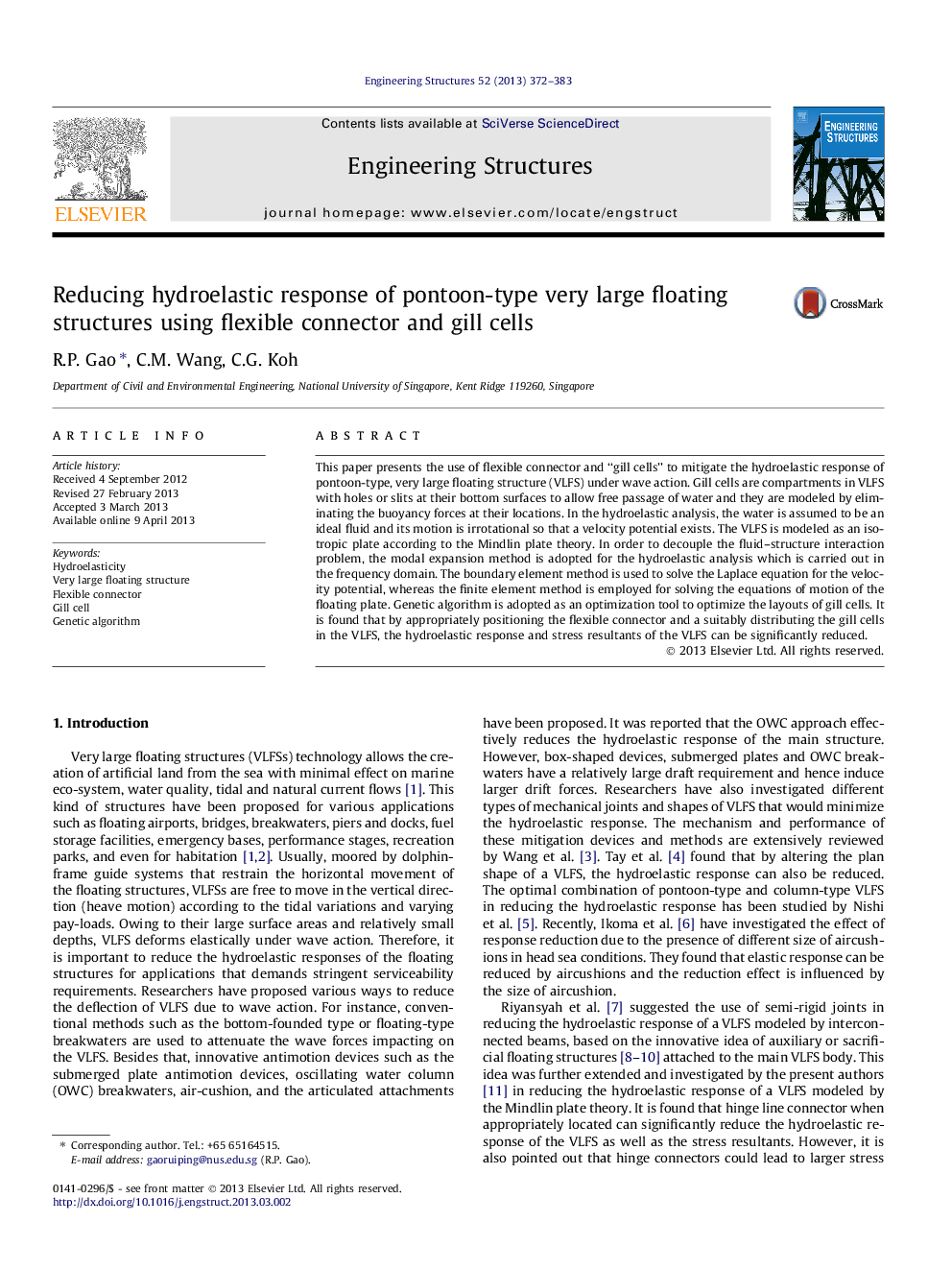 Reducing hydroelastic response of pontoon-type very large floating structures using flexible connector and gill cells