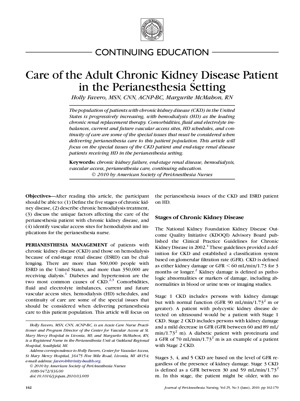 Care of the Adult Chronic Kidney Disease Patient in the Perianesthesia Setting