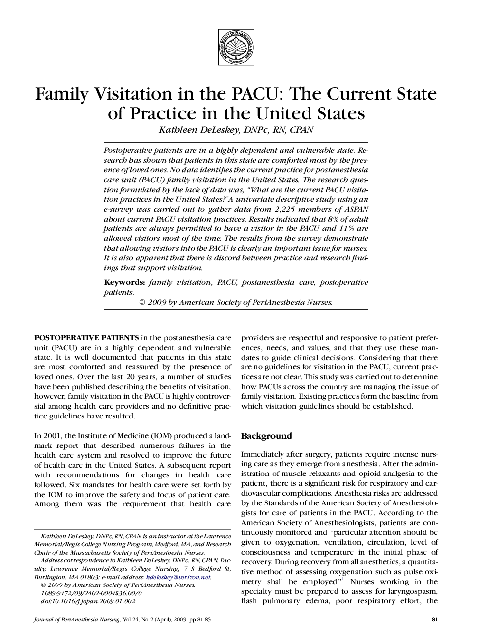 Family Visitation in the PACU: The Current State of Practice in the United States