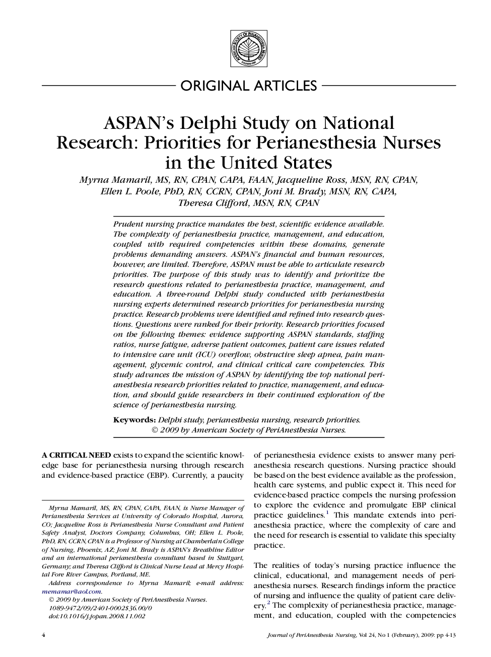 ASPAN's Delphi Study on National Research: Priorities for Perianesthesia Nurses in the United States