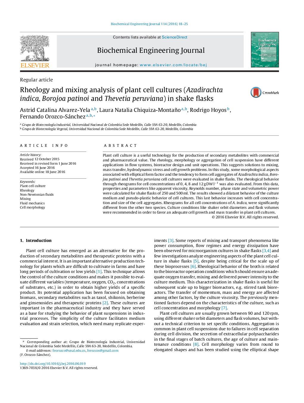 Rheology and mixing analysis of plant cell cultures (Azadirachta indica, Borojoa patinoi and Thevetia peruviana) in shake flasks