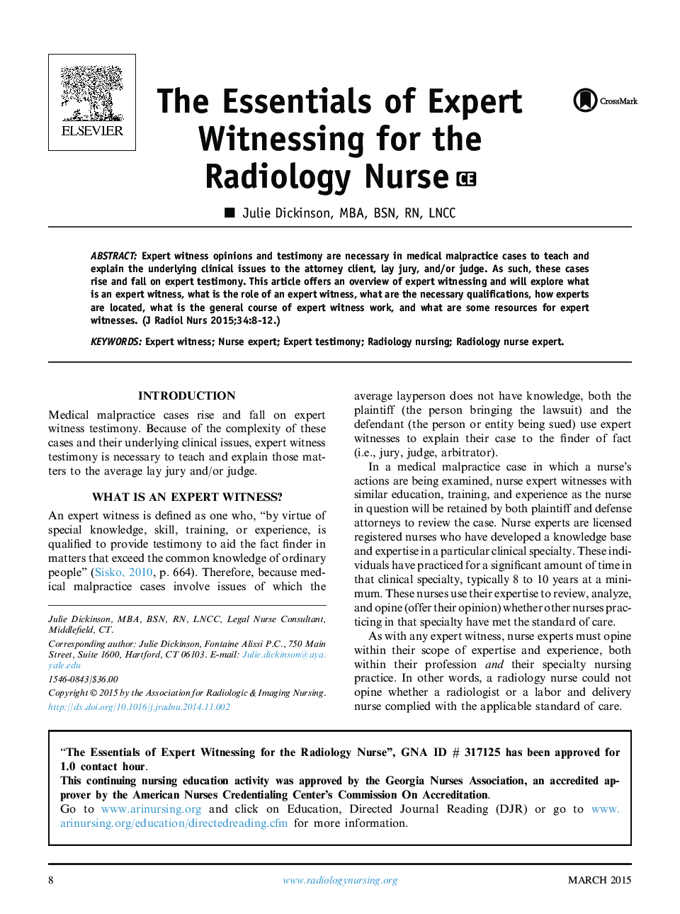 The Essentials of Expert Witnessing for the Radiology Nurse