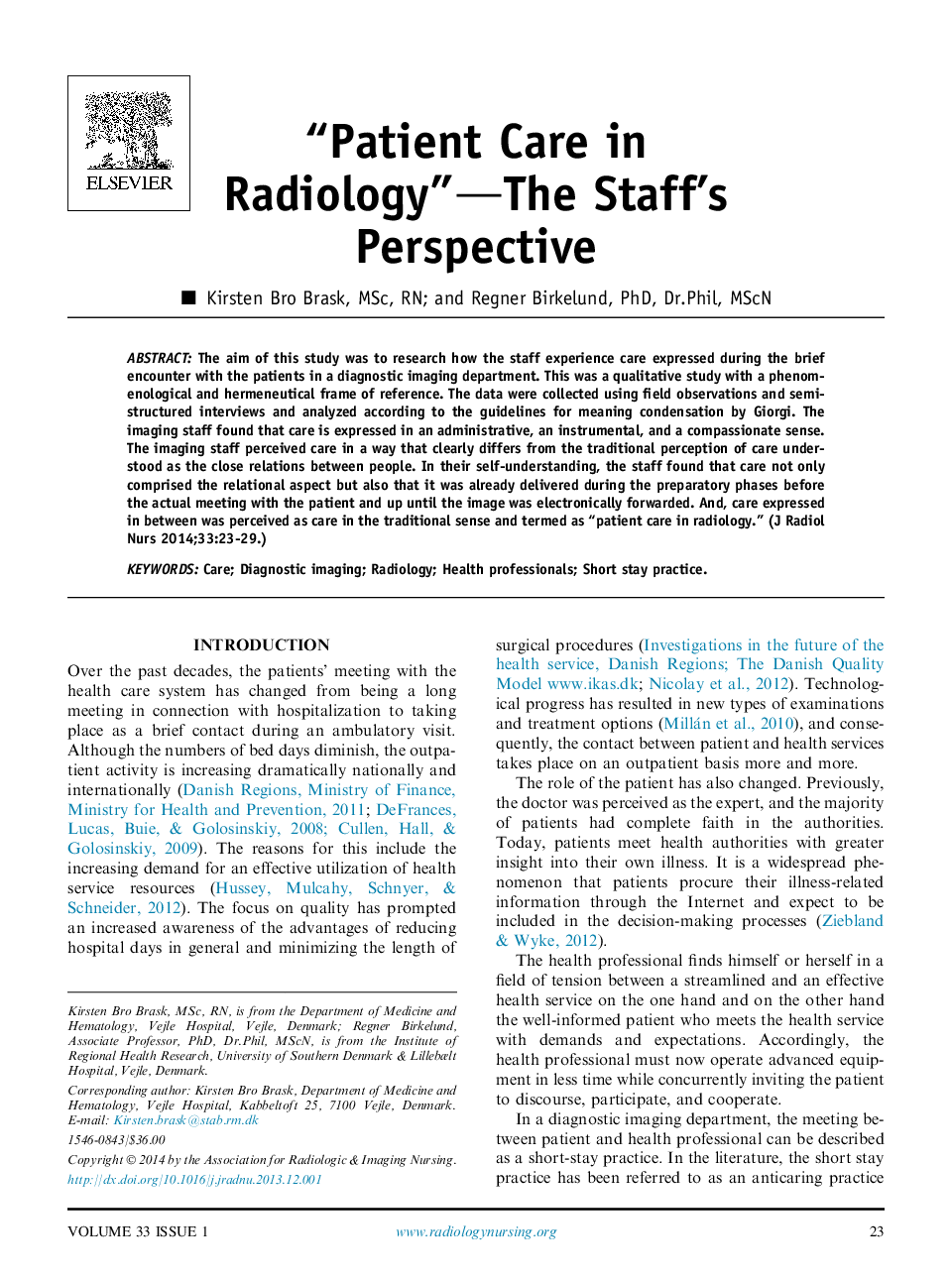 “Patient Care in Radiology”—The Staff's Perspective