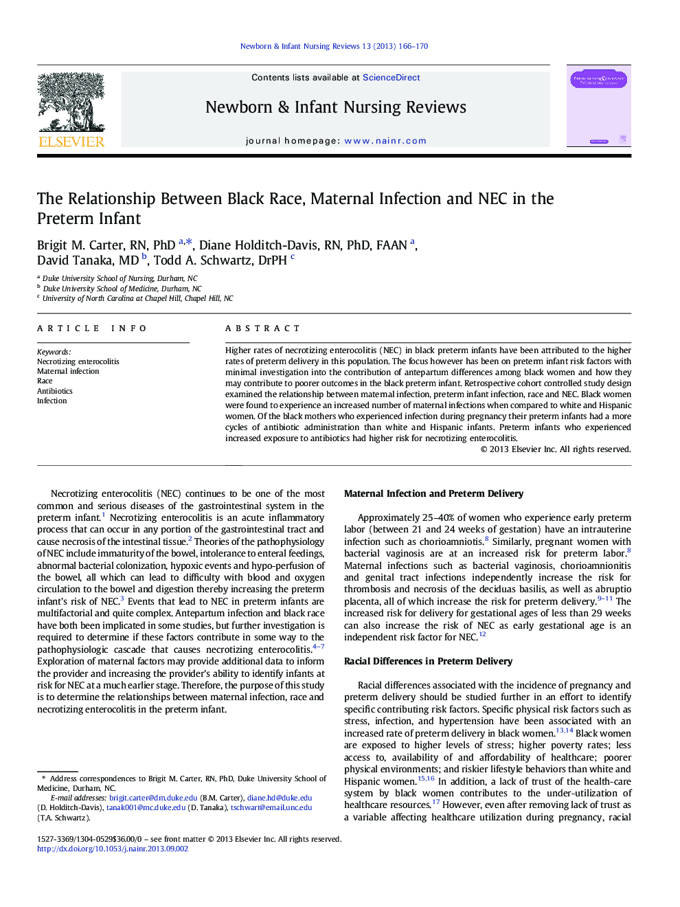 The Relationship Between Black Race, Maternal Infection and NEC in the Preterm Infant